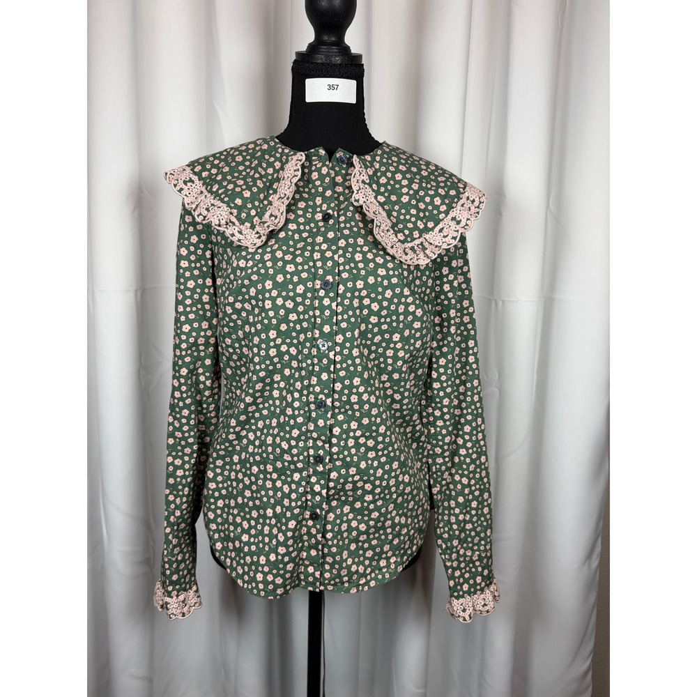 Boden Green Pink Floral Cotton Blouse Crochet Lace Peter Pan Collar US 4 T0826